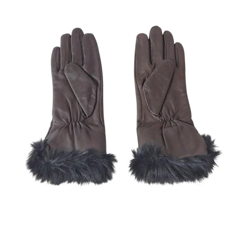 LAUREN Brown Leather Gloves Size M Designer Black Faux Fur Trim Classy Elegant